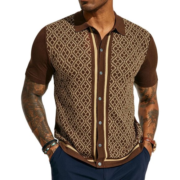 Men Brown Short Sleeve Button Up Knit Shirt Casual Vintage Style Polo Top